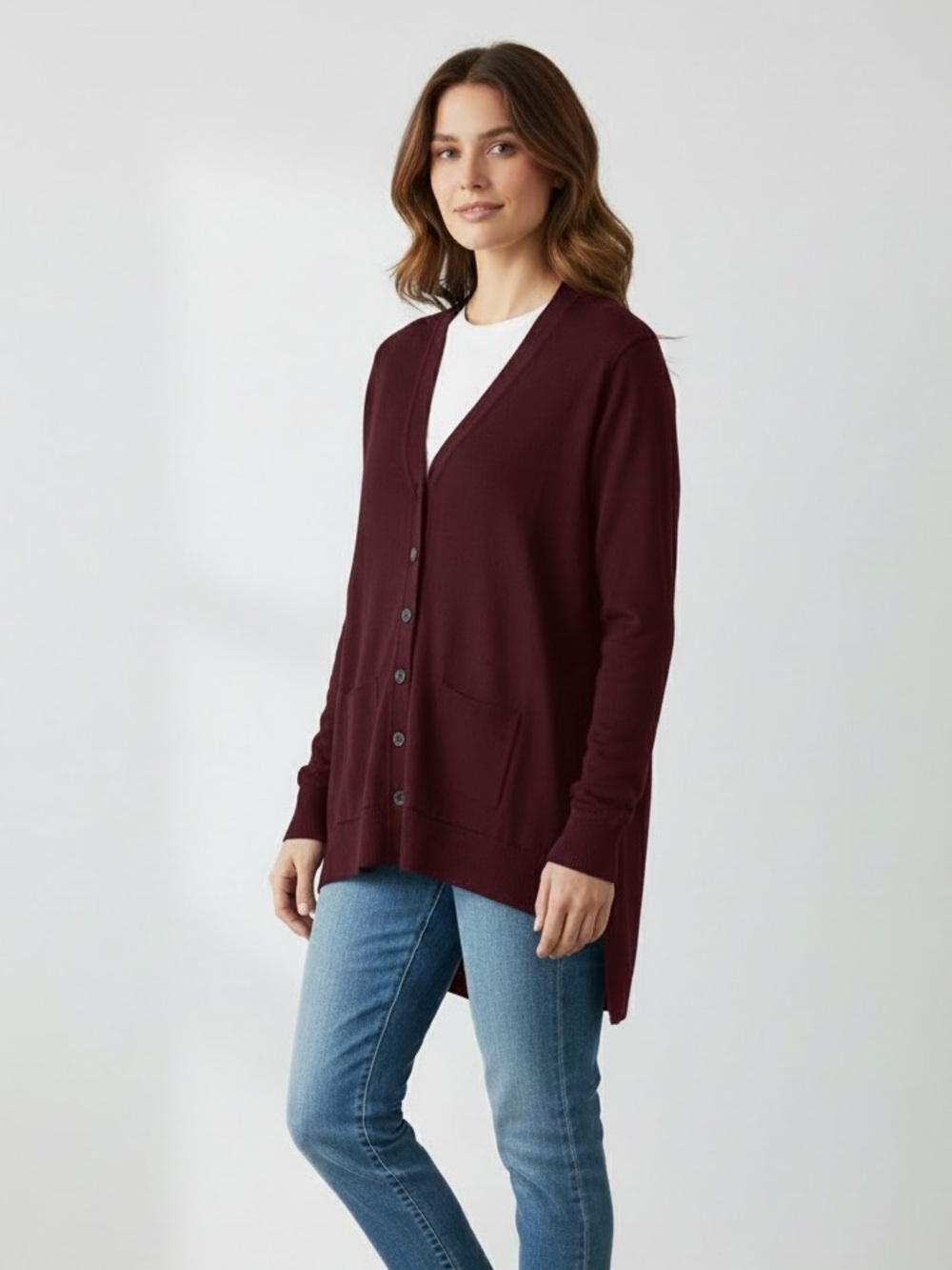 WILT Oversized Rib Mix Asymmetrical Lightweight Cardigan Maroon Size Large